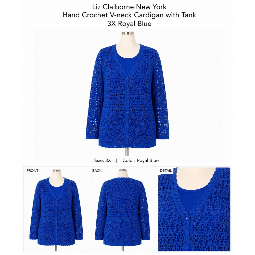 Liz Claiborne New York Royal‎ Blue Hand Crochet V-neck Cardigan Tank Set 3X Plus